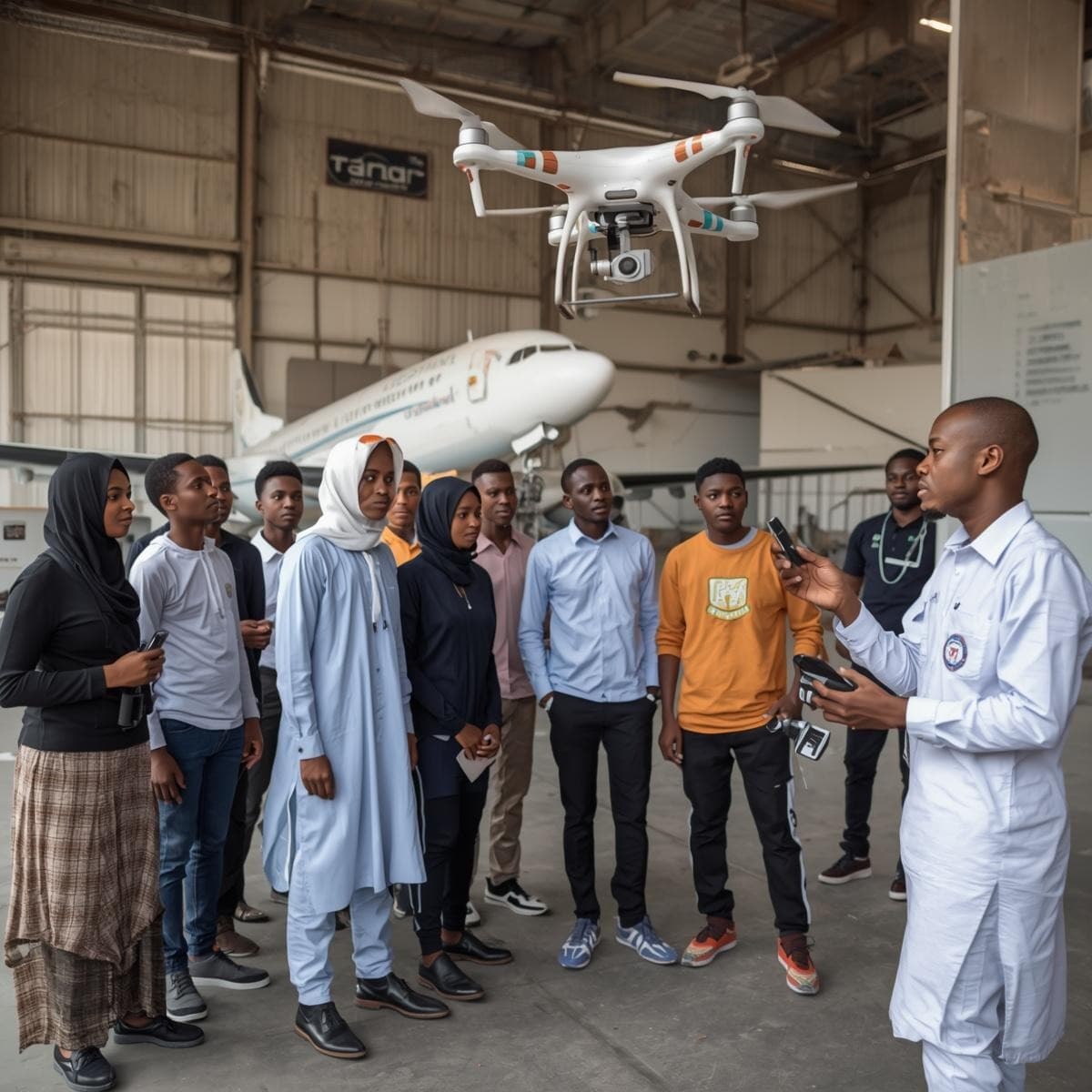 Students and instructors during hangar-based aviation training
